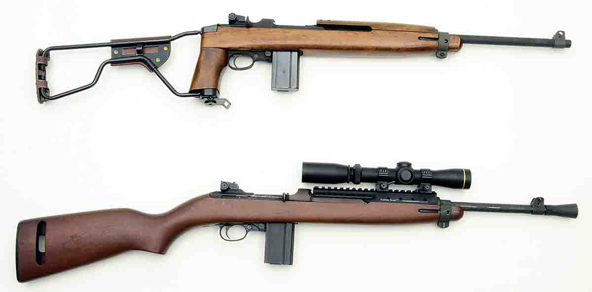 Two new Inland .30 Carbines: an M1A1 paratrooper style (top) and an M1 “Jungle Carbine” fitted with a Leupold 1.5-4x Scout Scope (bottom).